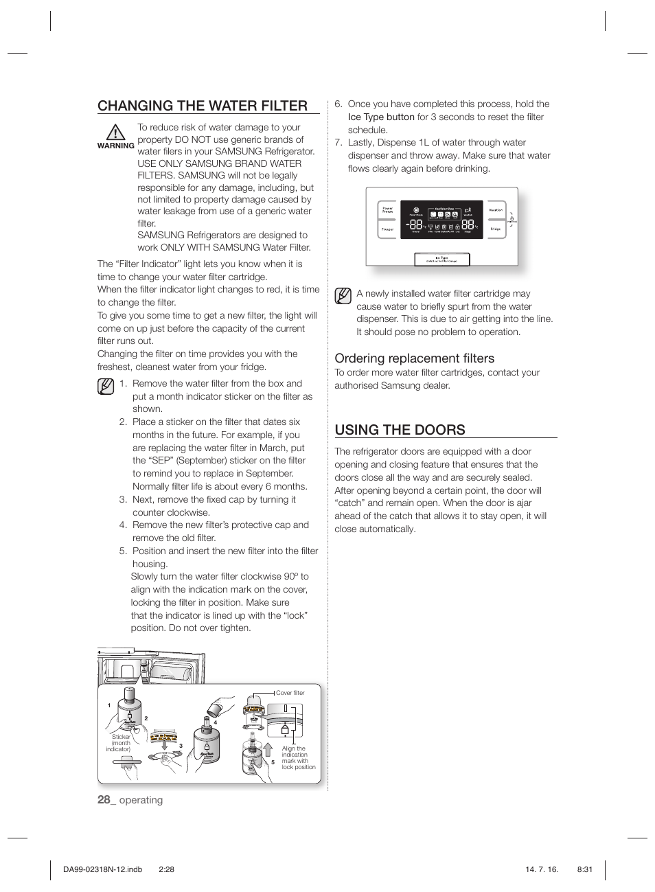 Changing the water filter, Using the doors, Ordering replacement ﬁ lters | Samsung RSH5ZL2A User Manual | Page 28 / 276