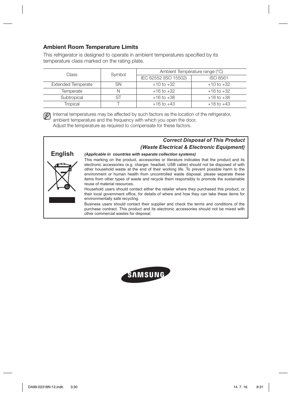 English, Ambient room temperature limits | Samsung RSH5ZL2A User Manual | Page 30 / 276