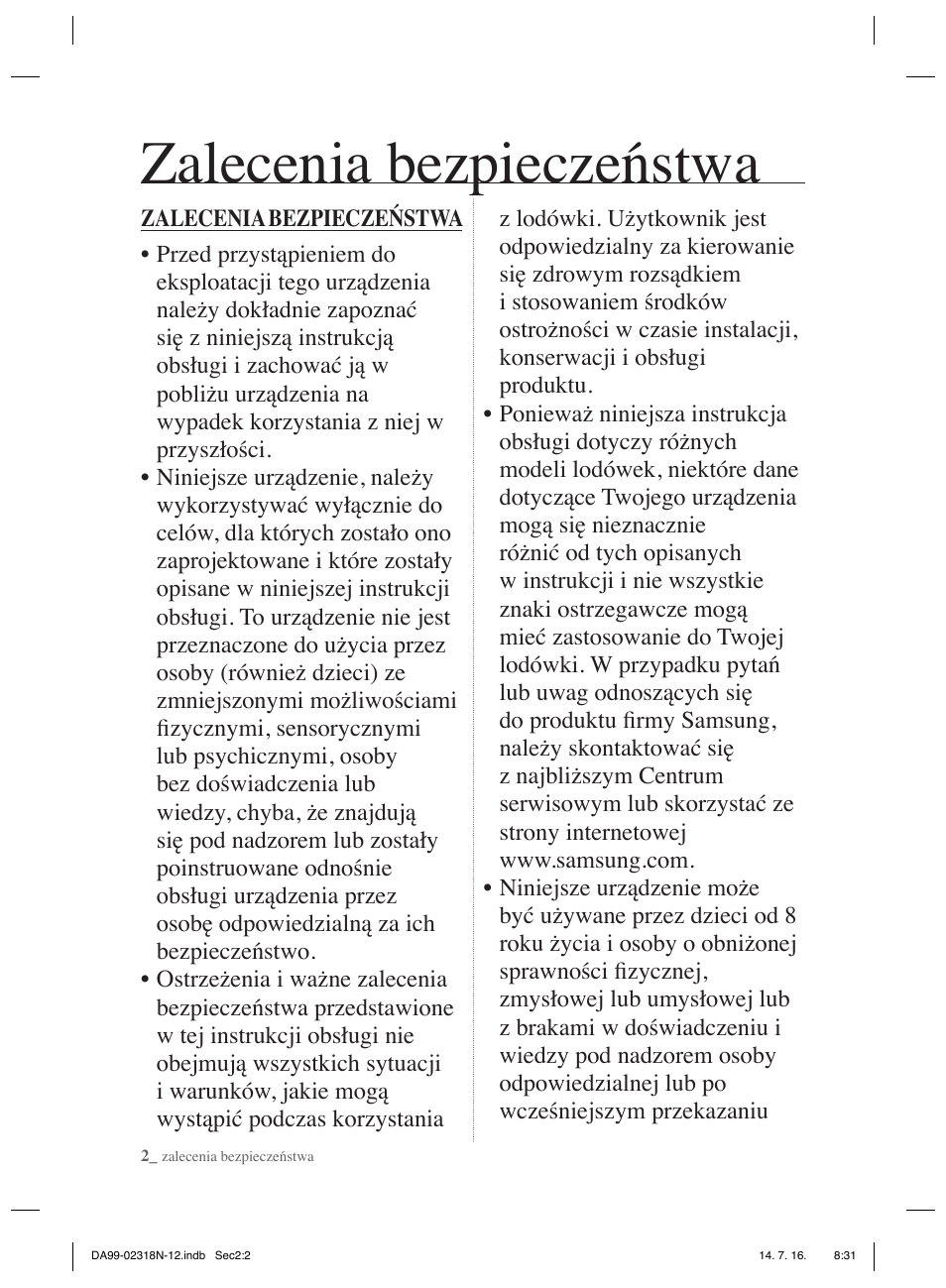 Zalecenia bezpieczeństwa | Samsung RSH5ZL2A User Manual | Page 32 / 276