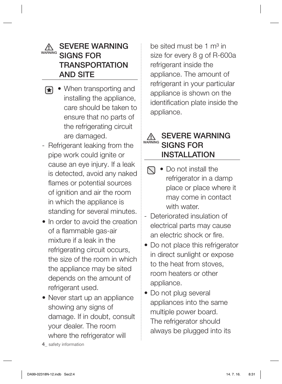 Severe warning signs for transportation and site, Severe warning signs for installation | Samsung RSH5ZL2A User Manual | Page 4 / 276