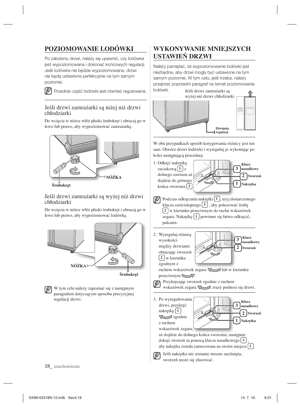 Poziomowanie lodówki, Wykonywanie mniejszych ustawień drzwi | Samsung RSH5ZL2A User Manual | Page 48 / 276