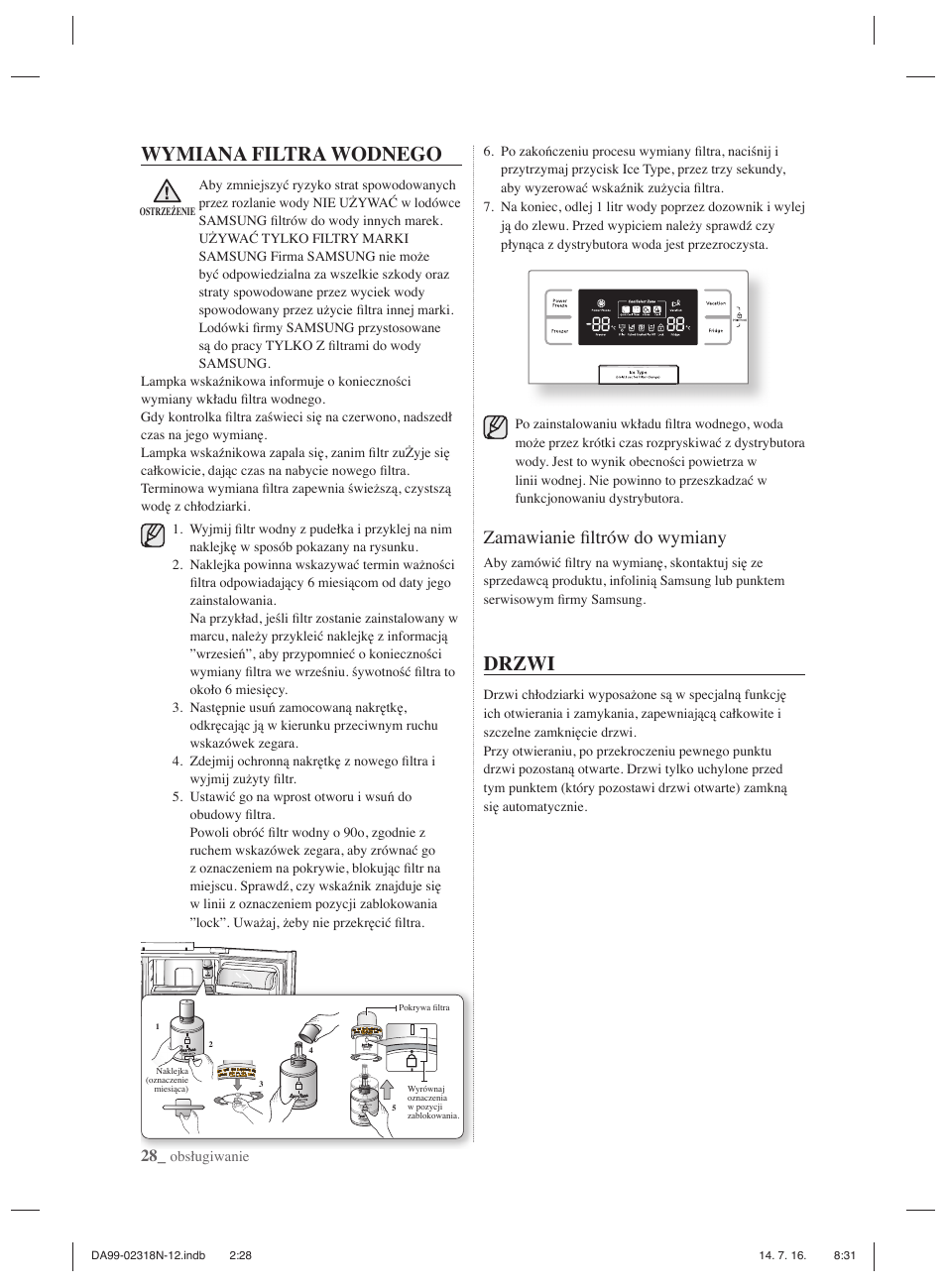 Wymiana filtra wodnego, Drzwi, Zamawianie fi ltrów do wymiany | Samsung RSH5ZL2A User Manual | Page 58 / 276