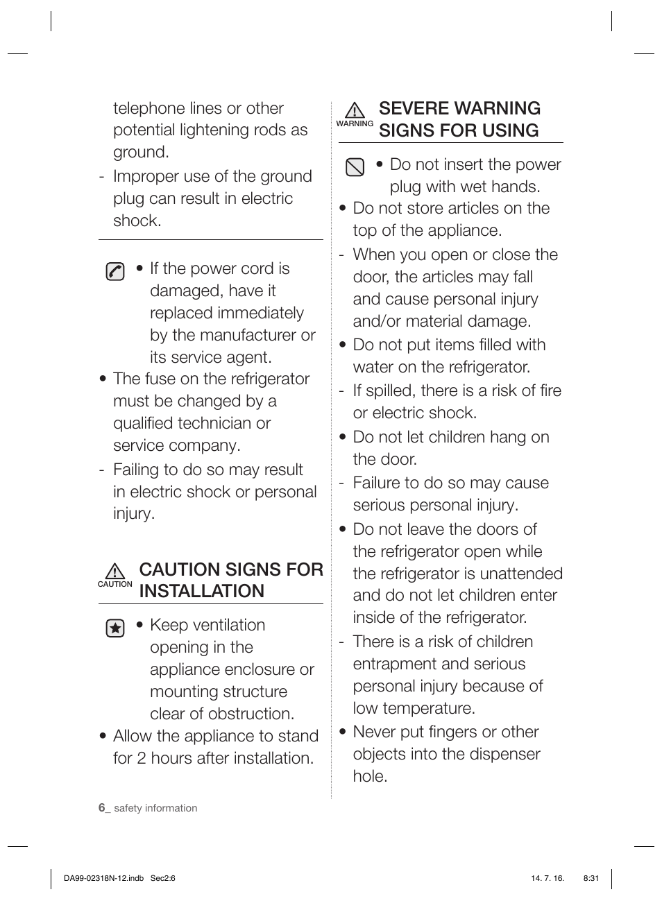 Caution signs for installation, Severe warning signs for using | Samsung RSH5ZL2A User Manual | Page 6 / 276