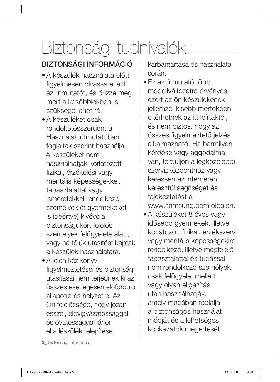 Biztonsági tudnivalók | Samsung RSH5ZL2A User Manual | Page 62 / 276