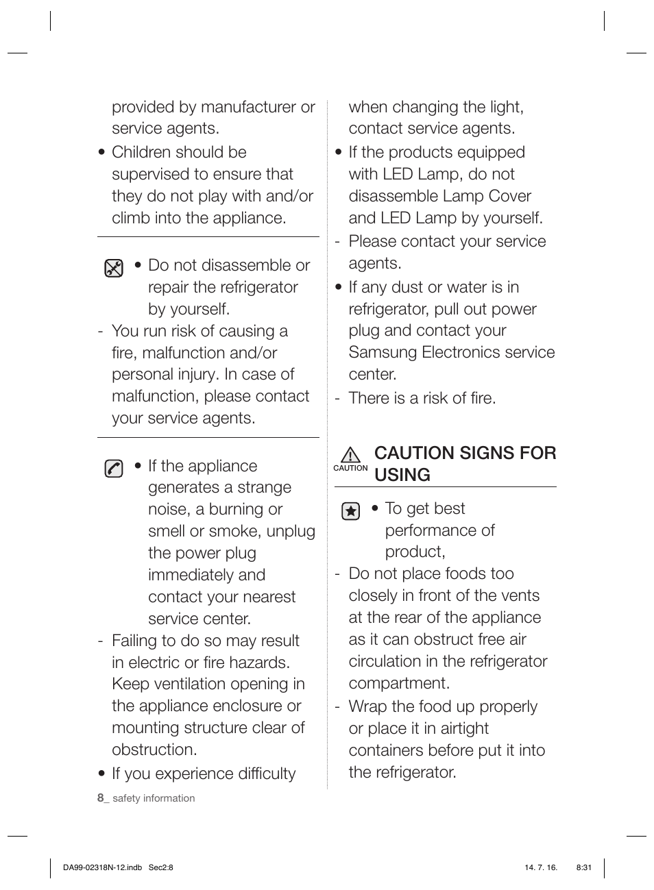Caution signs for using | Samsung RSH5ZL2A User Manual | Page 8 / 276