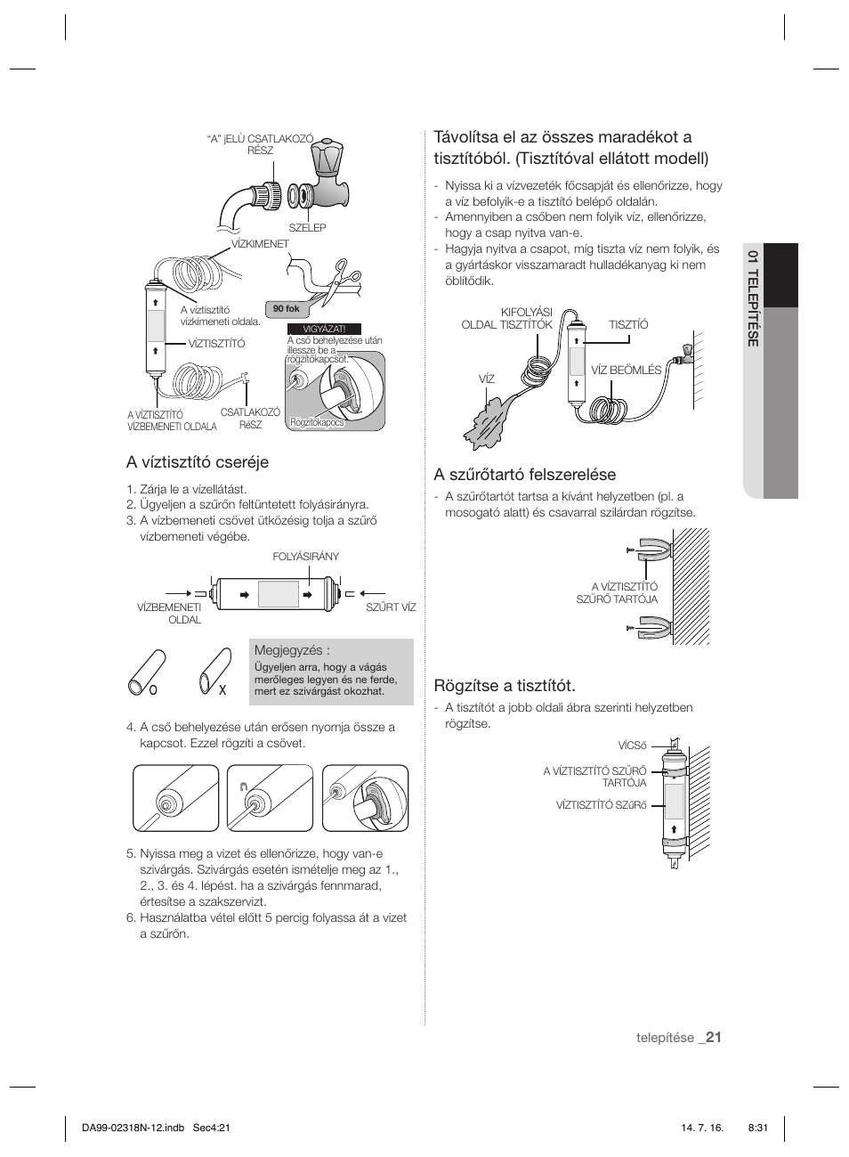 A víztisztító cseréje, A szűrőtartó felszerelése, Rögzítse a tisztítót | Samsung RSH5ZL2A User Manual | Page 81 / 276