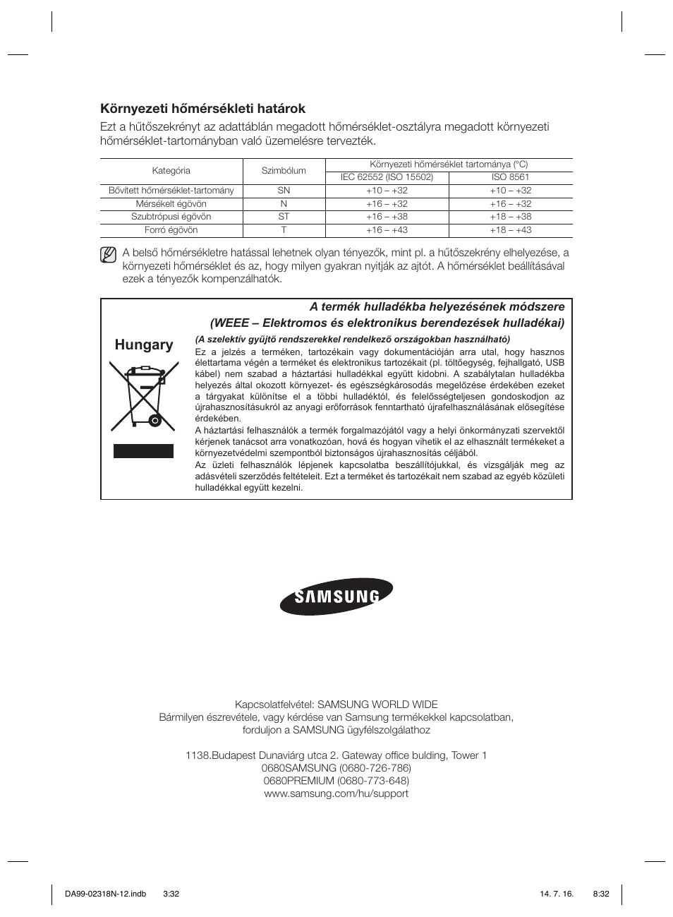 Hungary, Környezeti hőmérsékleti határok | Samsung RSH5ZL2A User Manual | Page 92 / 276