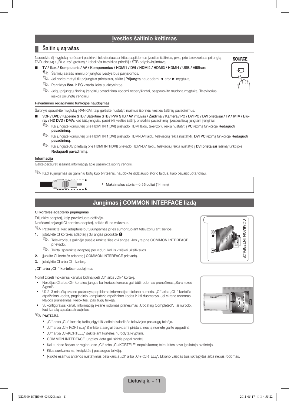 Įvesties šaltinio keitimas, Jungimas į common interface lizdą | Samsung UE40D5000PW User Manual | Page 101 / 163