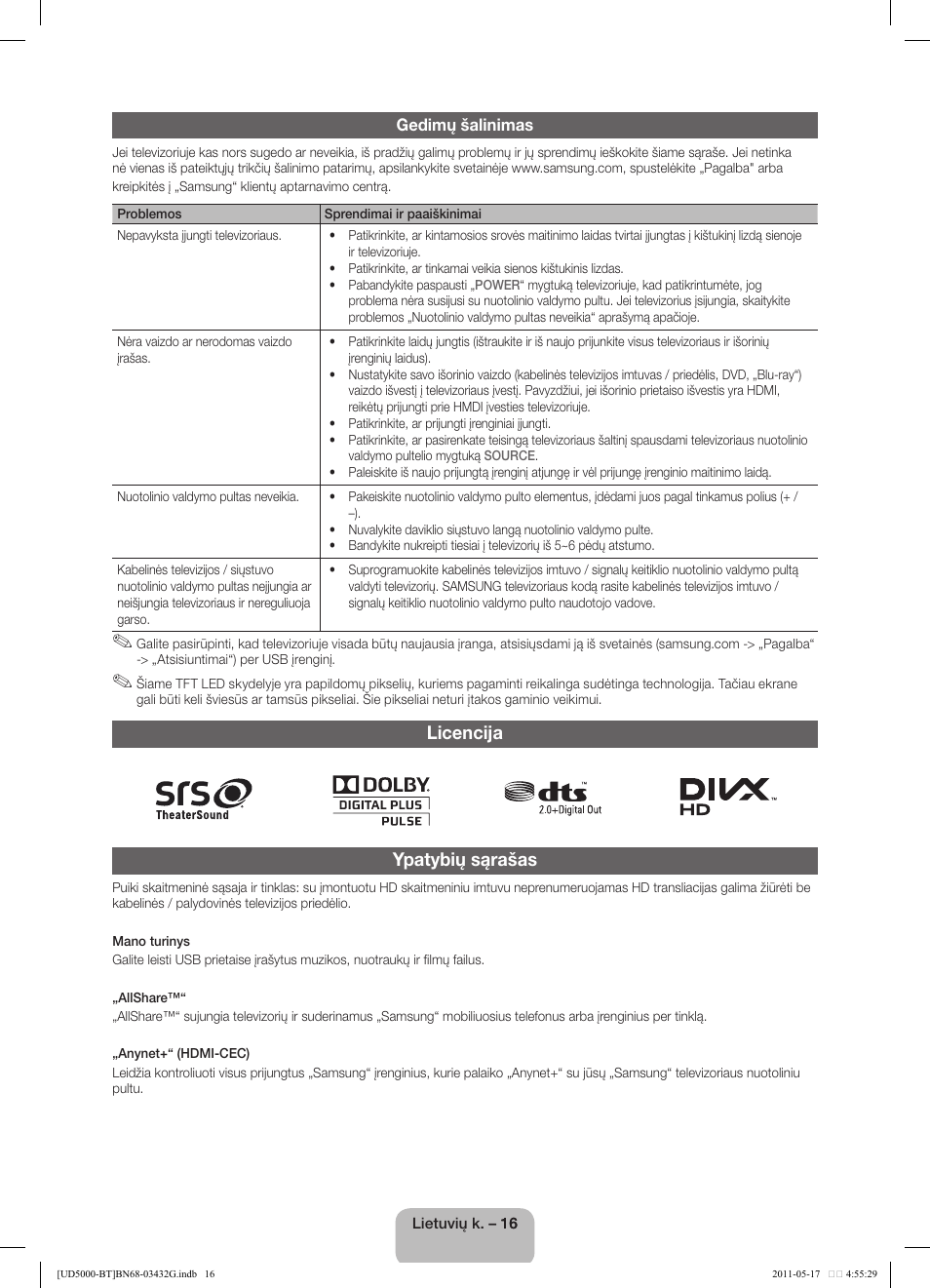 Licencija ypatybių sąrašas | Samsung UE40D5000PW User Manual | Page 106 / 163