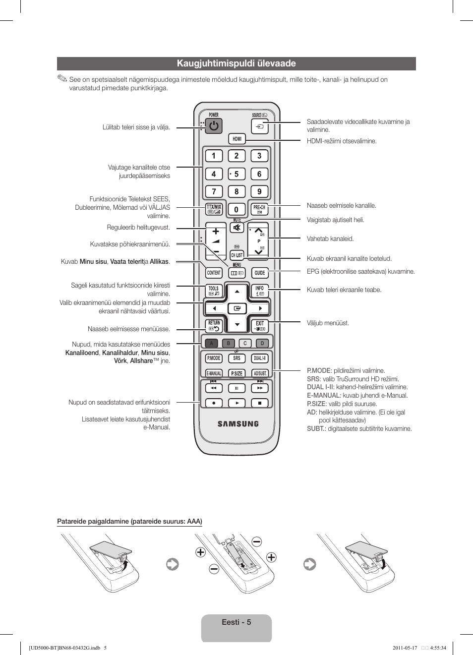 Kaugjuhtimispuldi ülevaade | Samsung UE40D5000PW User Manual | Page 113 / 163