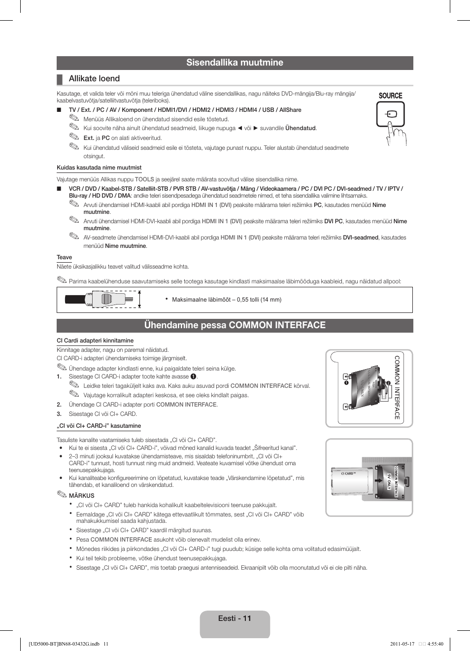 Sisendallika muutmine, Ühendamine pessa common interface | Samsung UE40D5000PW User Manual | Page 119 / 163