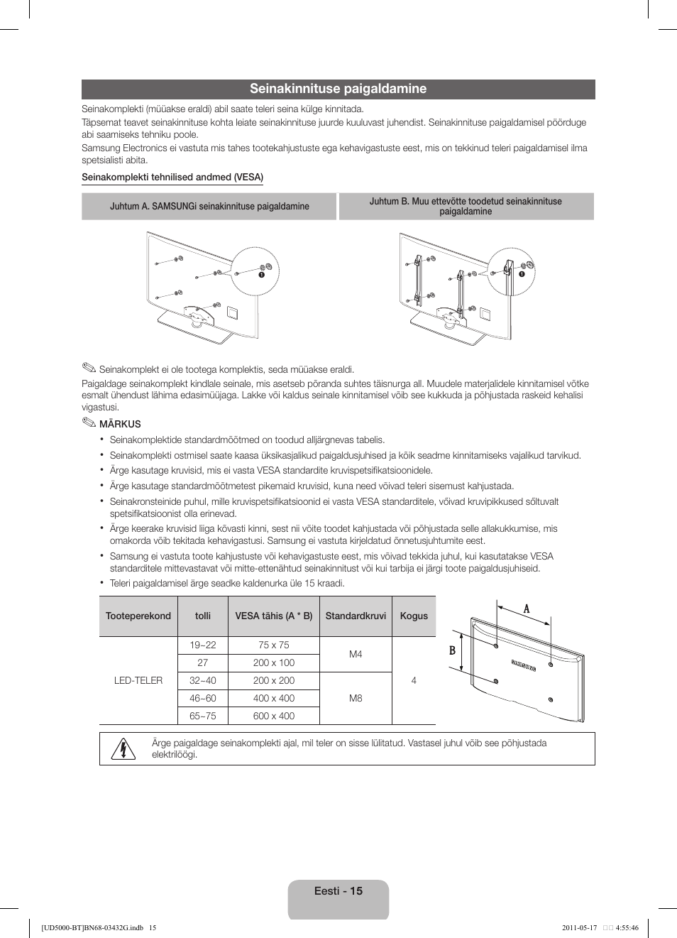 Seinakinnituse paigaldamine | Samsung UE40D5000PW User Manual | Page 123 / 163