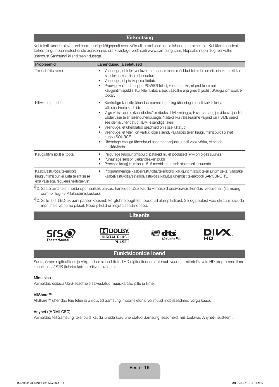 Litsents funktsioonide loend | Samsung UE40D5000PW User Manual | Page 124 / 163
