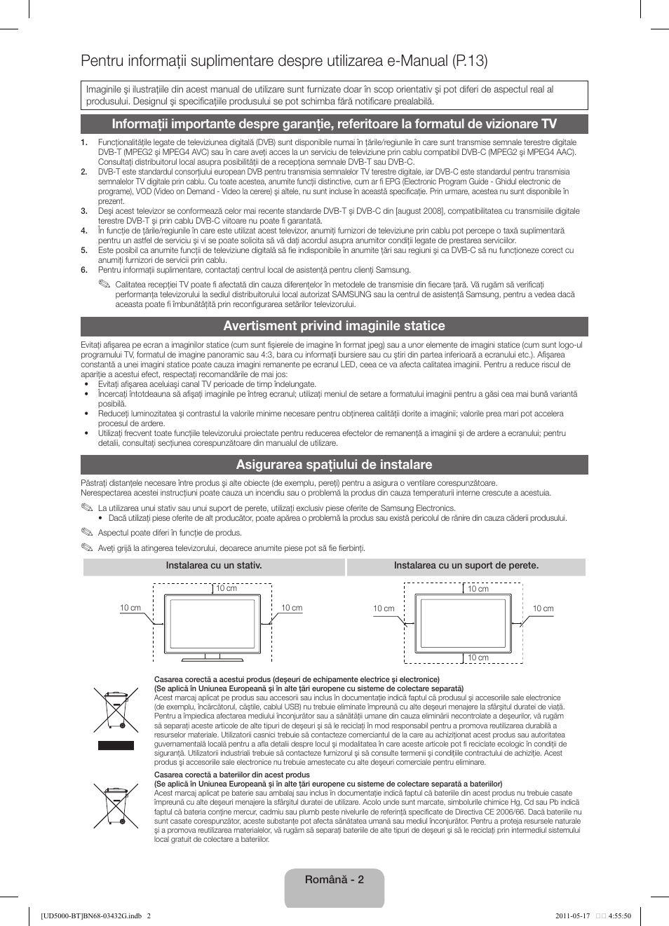 Avertisment privind imaginile statice, Asigurarea spaţiului de instalare | Samsung UE40D5000PW User Manual | Page 128 / 163
