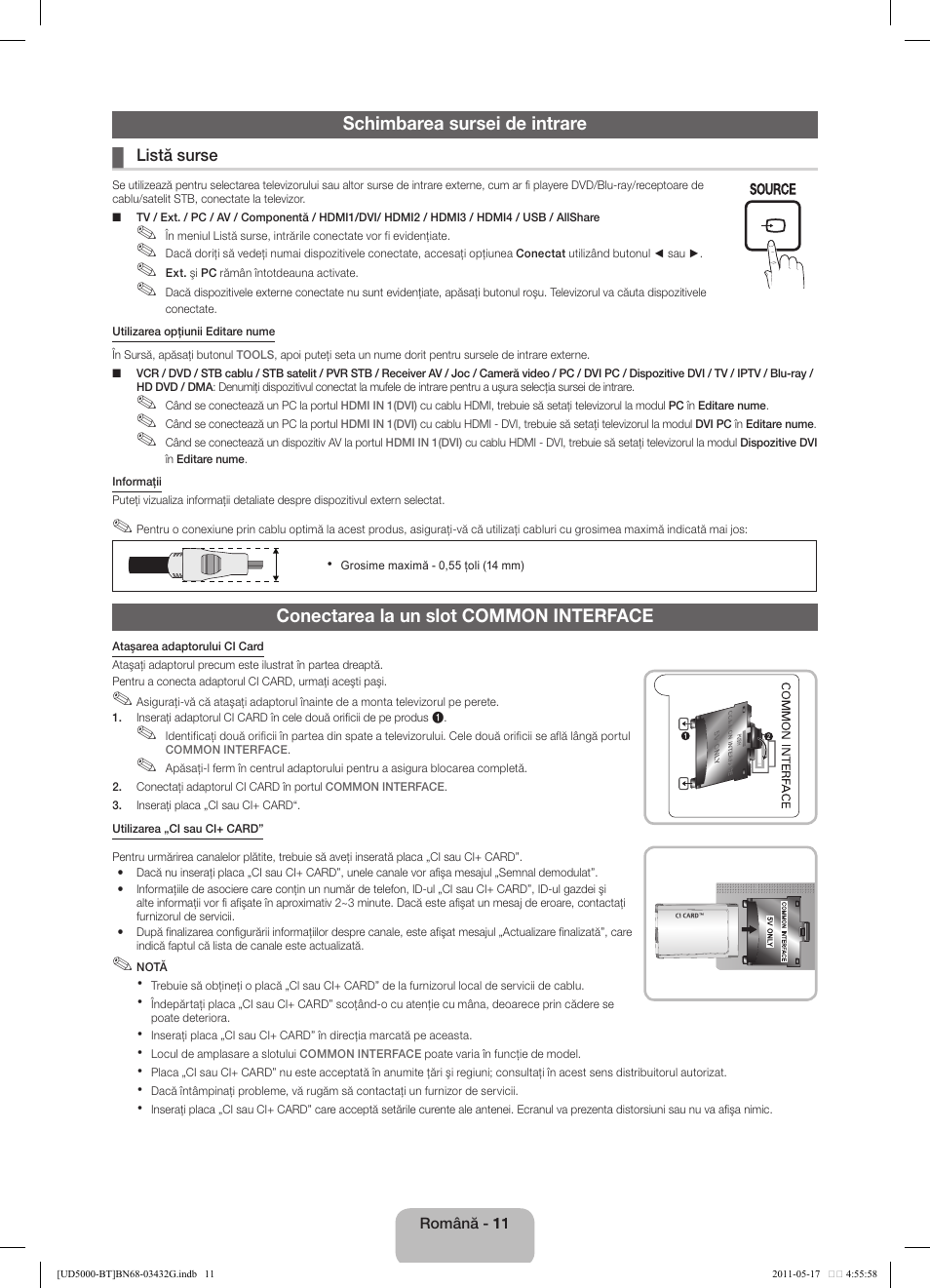 Schimbarea sursei de intrare, Conectarea la un slot common interface | Samsung UE40D5000PW User Manual | Page 137 / 163