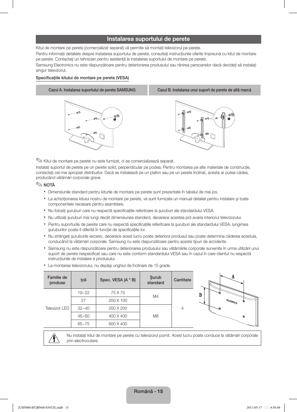 Instalarea suportului de perete | Samsung UE40D5000PW User Manual | Page 141 / 163