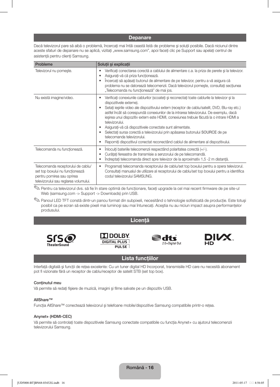 Licenţă lista funcţiilor | Samsung UE40D5000PW User Manual | Page 142 / 163