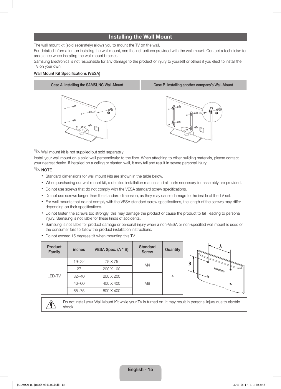 Installing the wall mount | Samsung UE40D5000PW User Manual | Page 15 / 163