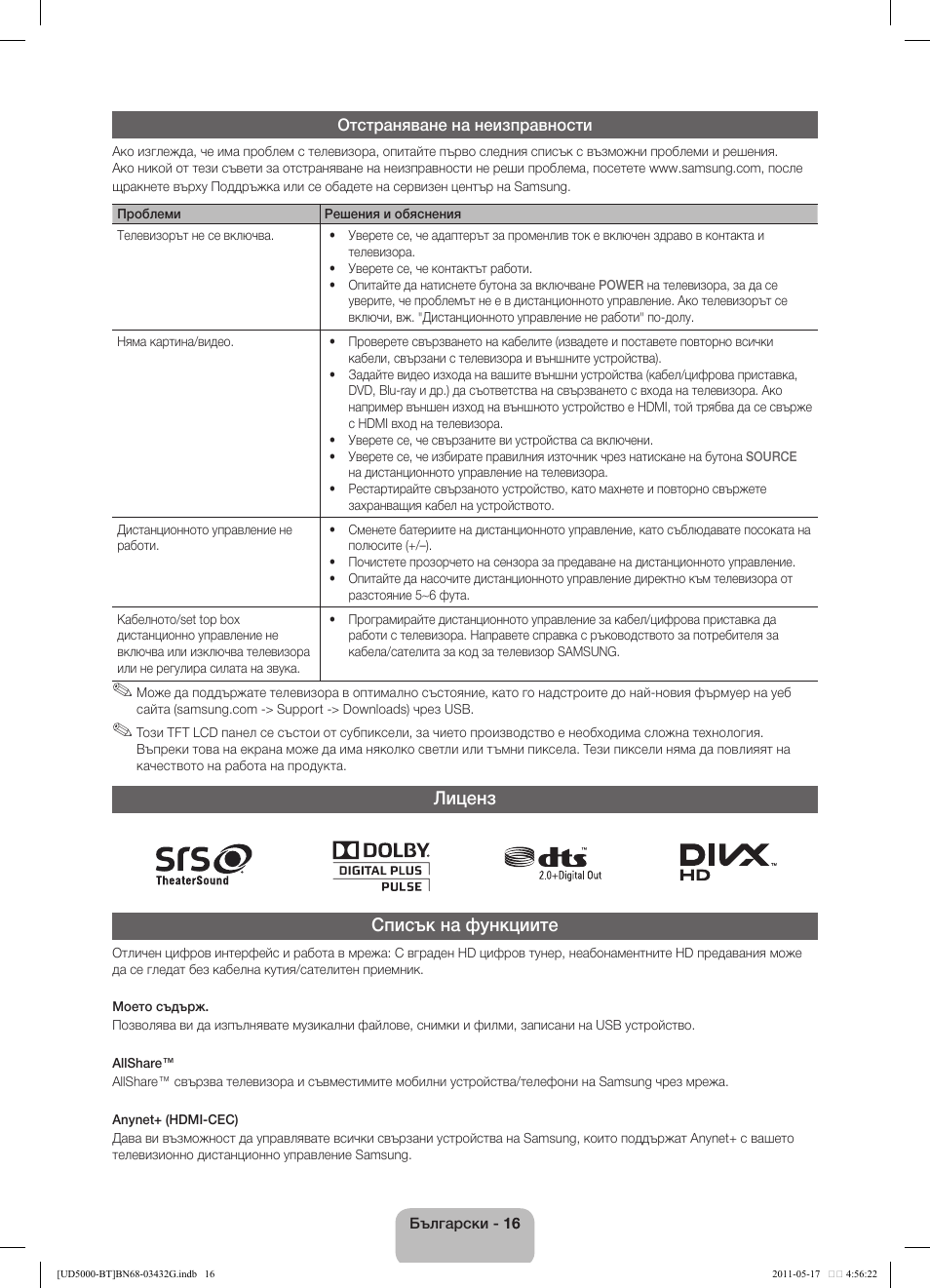 Лиценз списък на функциите | Samsung UE40D5000PW User Manual | Page 160 / 163