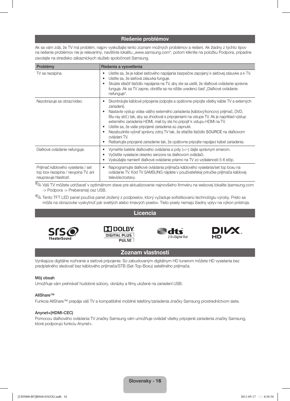 Licencia zoznam vlastností | Samsung UE40D5000PW User Manual | Page 52 / 163
