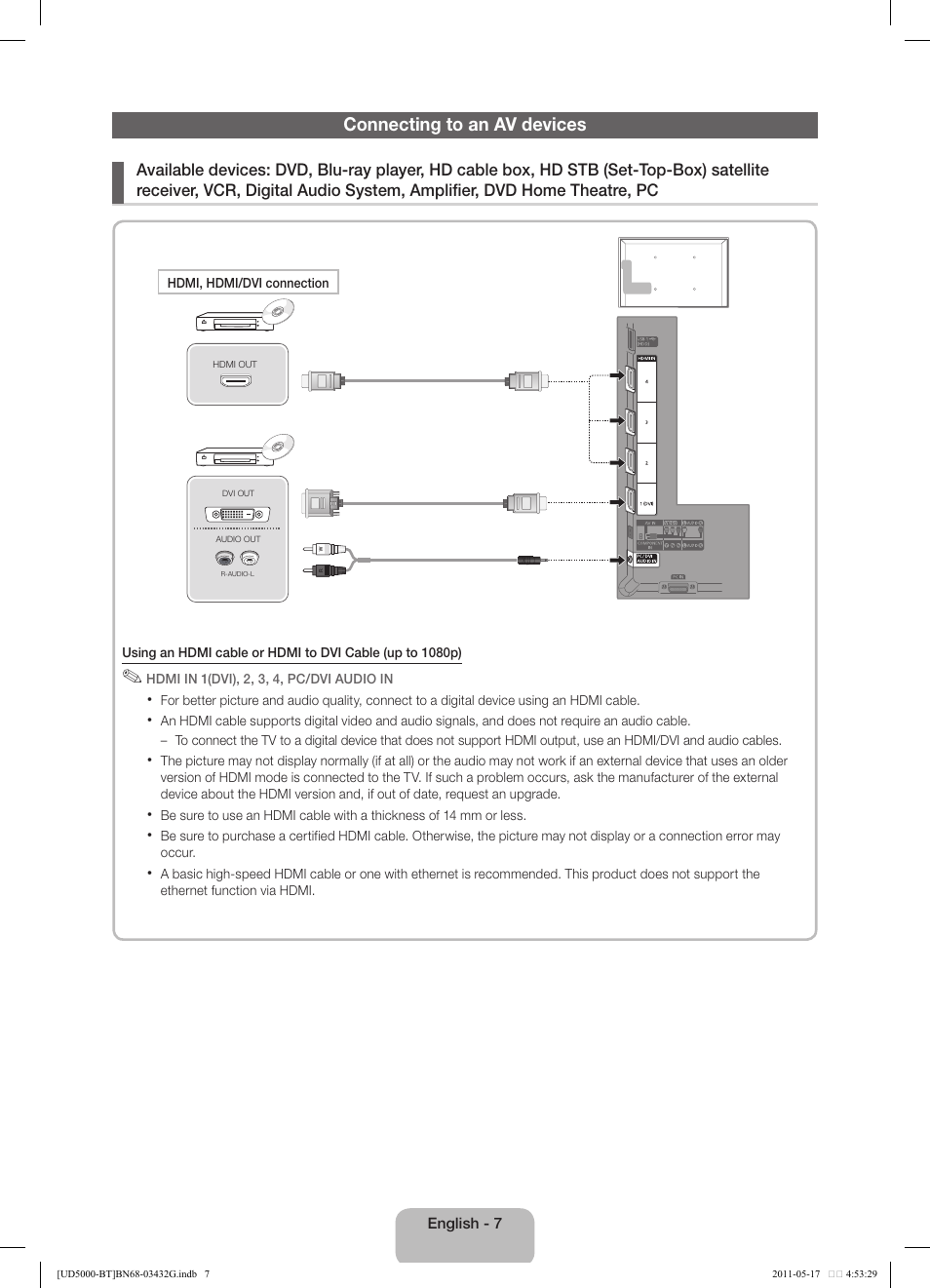 Connecting to an av devices | Samsung UE40D5000PW User Manual | Page 7 / 163