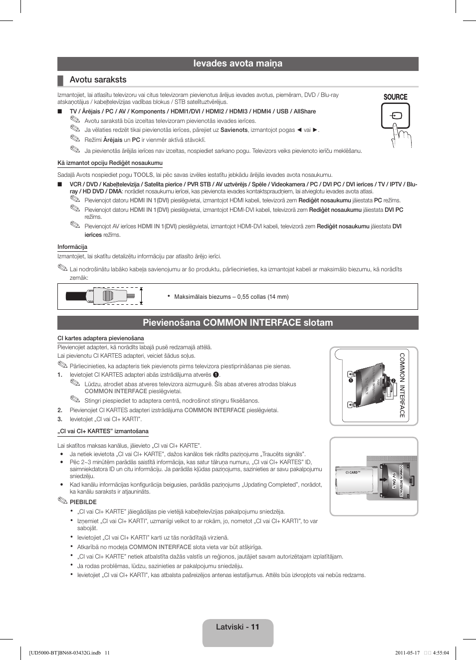 Ievades avota maiņa, Pievienošana common interface slotam | Samsung UE40D5000PW User Manual | Page 83 / 163