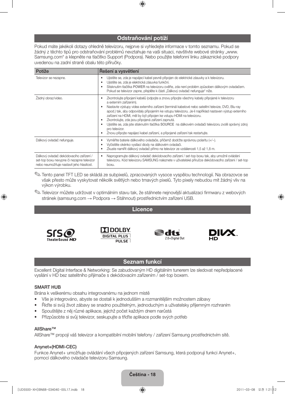 Odstraňování potíží, Licence seznam funkcí | Samsung UE32D5500RW User Manual | Page 138 / 340