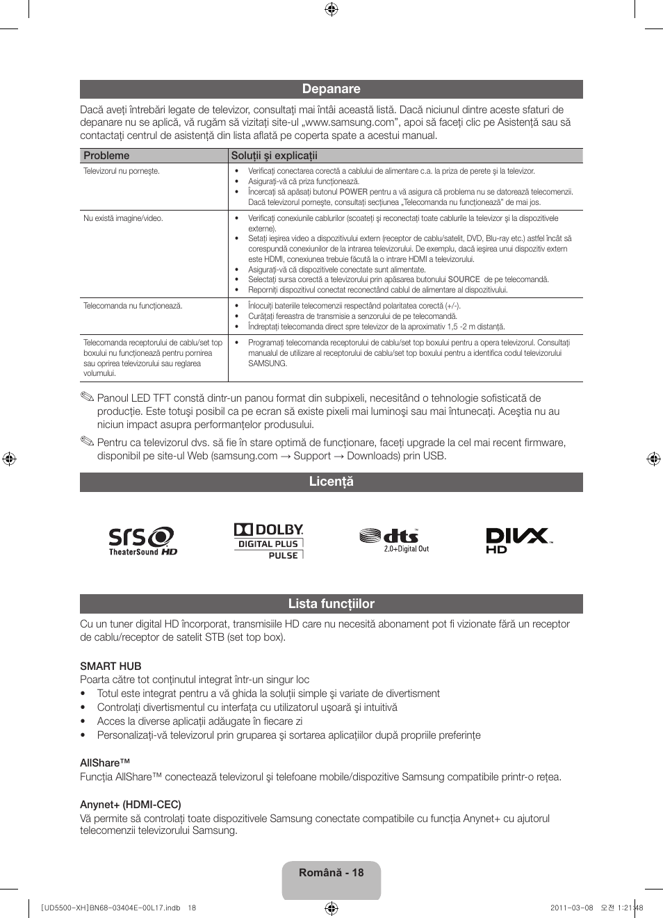 Depanare, Licenţă lista funcţiilor | Samsung UE32D5500RW User Manual | Page 178 / 340