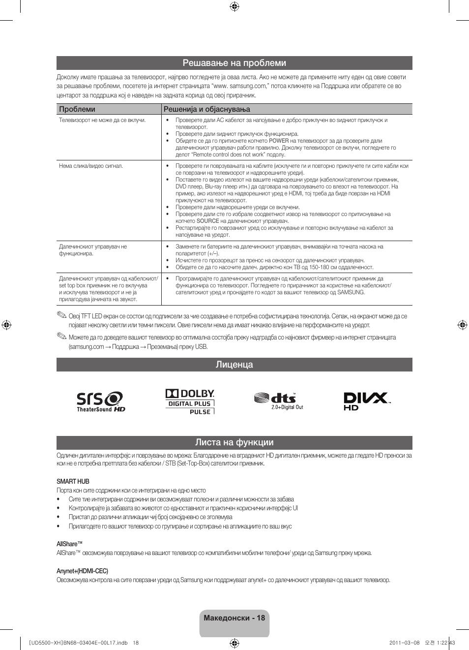 Решавање на проблеми, Лиценца листа на функции | Samsung UE32D5500RW User Manual | Page 238 / 340