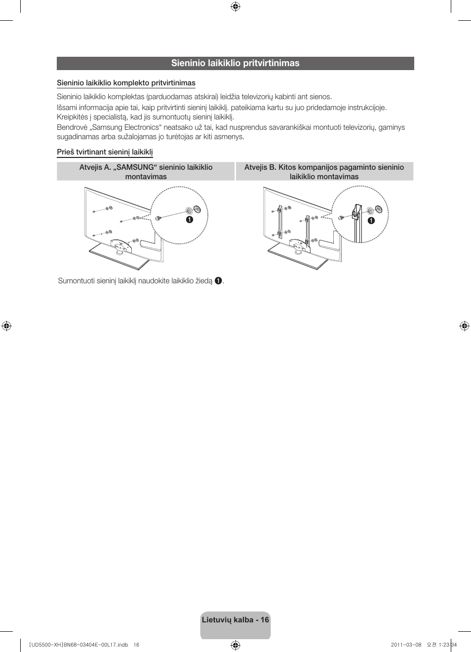 Sieninio laikiklio pritvirtinimas | Samsung UE32D5500RW User Manual | Page 296 / 340
