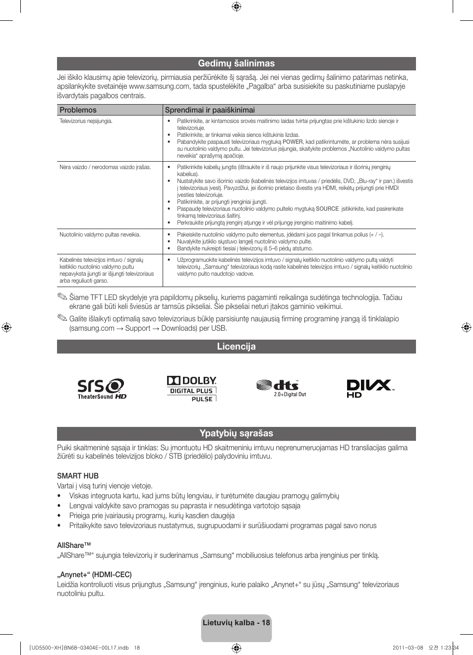 Gedimų šalinimas, Licencija ypatybių sąrašas | Samsung UE32D5500RW User Manual | Page 298 / 340