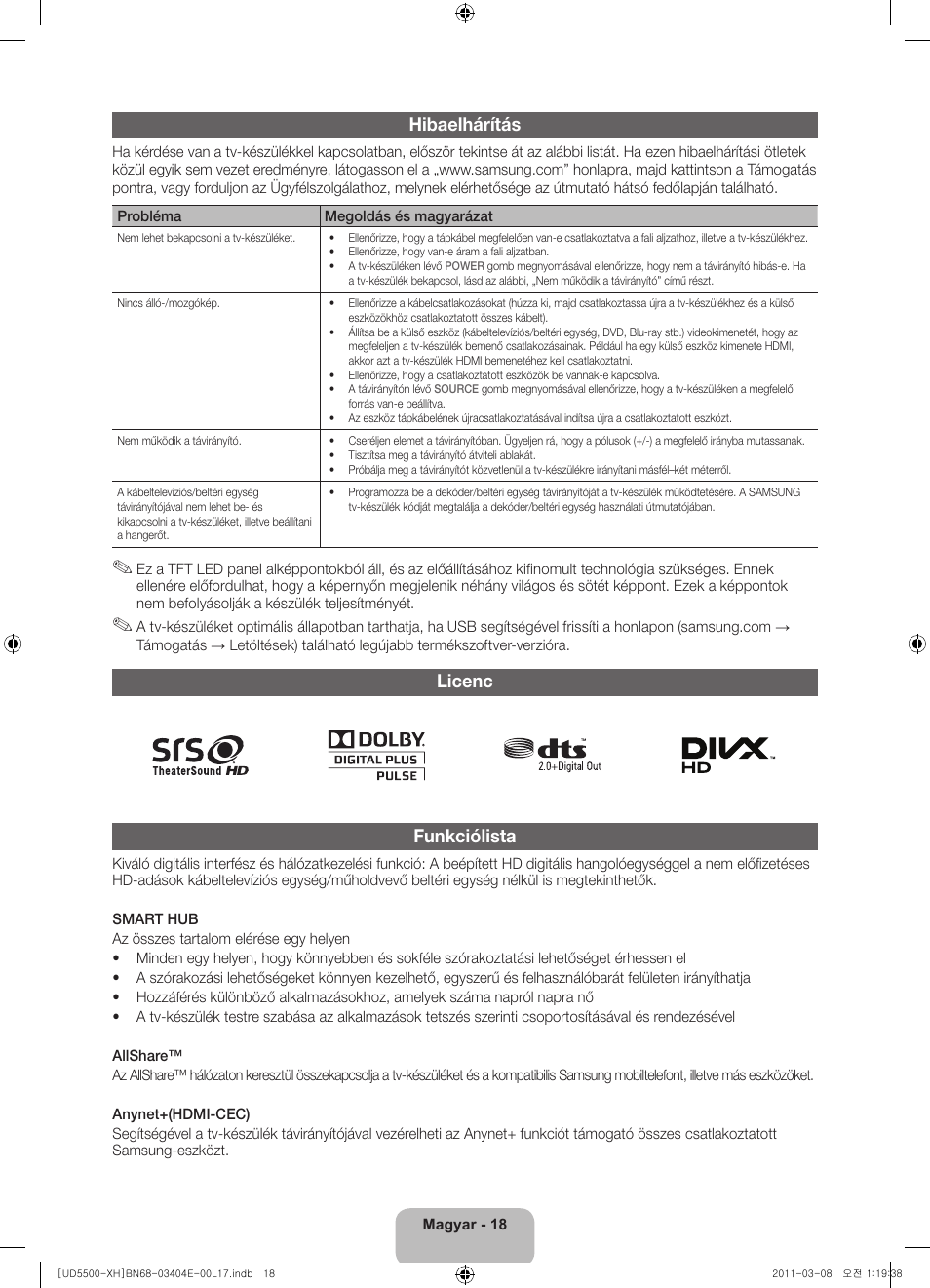 Hibaelhárítás, Licenc funkciólista | Samsung UE32D5500RW User Manual | Page 38 / 340
