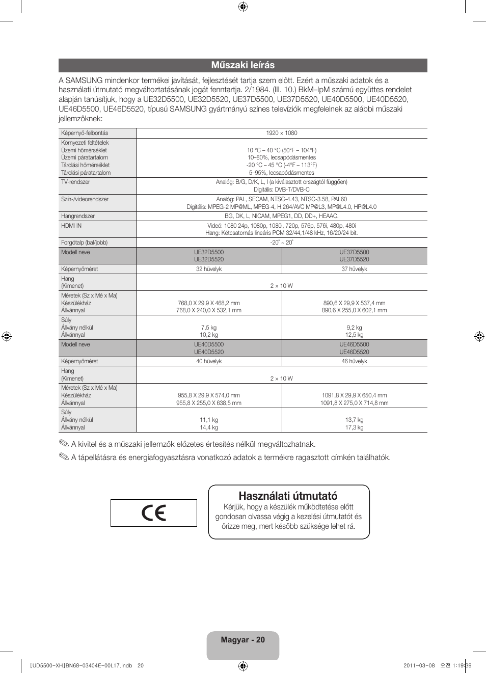 Használati útmutató, Műszaki leírás | Samsung UE32D5500RW User Manual | Page 40 / 340