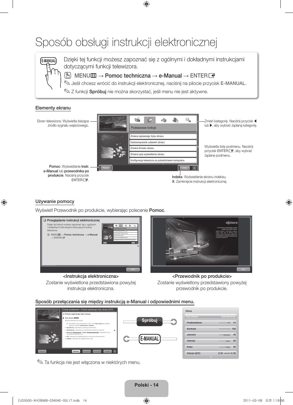 Sposób obsługi instrukcji elektronicznej, Menu m → pomoc techniczna → e-manual → enter e, Polski - 14 | Ta funkcja nie jest włączona w niektórych menu, Spróbuj, E-manual | Samsung UE32D5500RW User Manual | Page 54 / 340