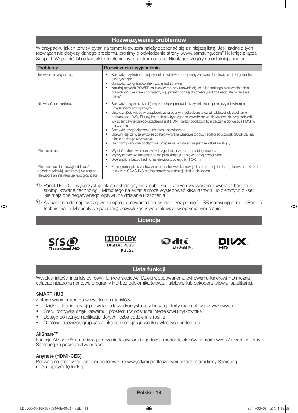 Rozwiązywanie problemów, Licencja lista funkcji | Samsung UE32D5500RW User Manual | Page 58 / 340