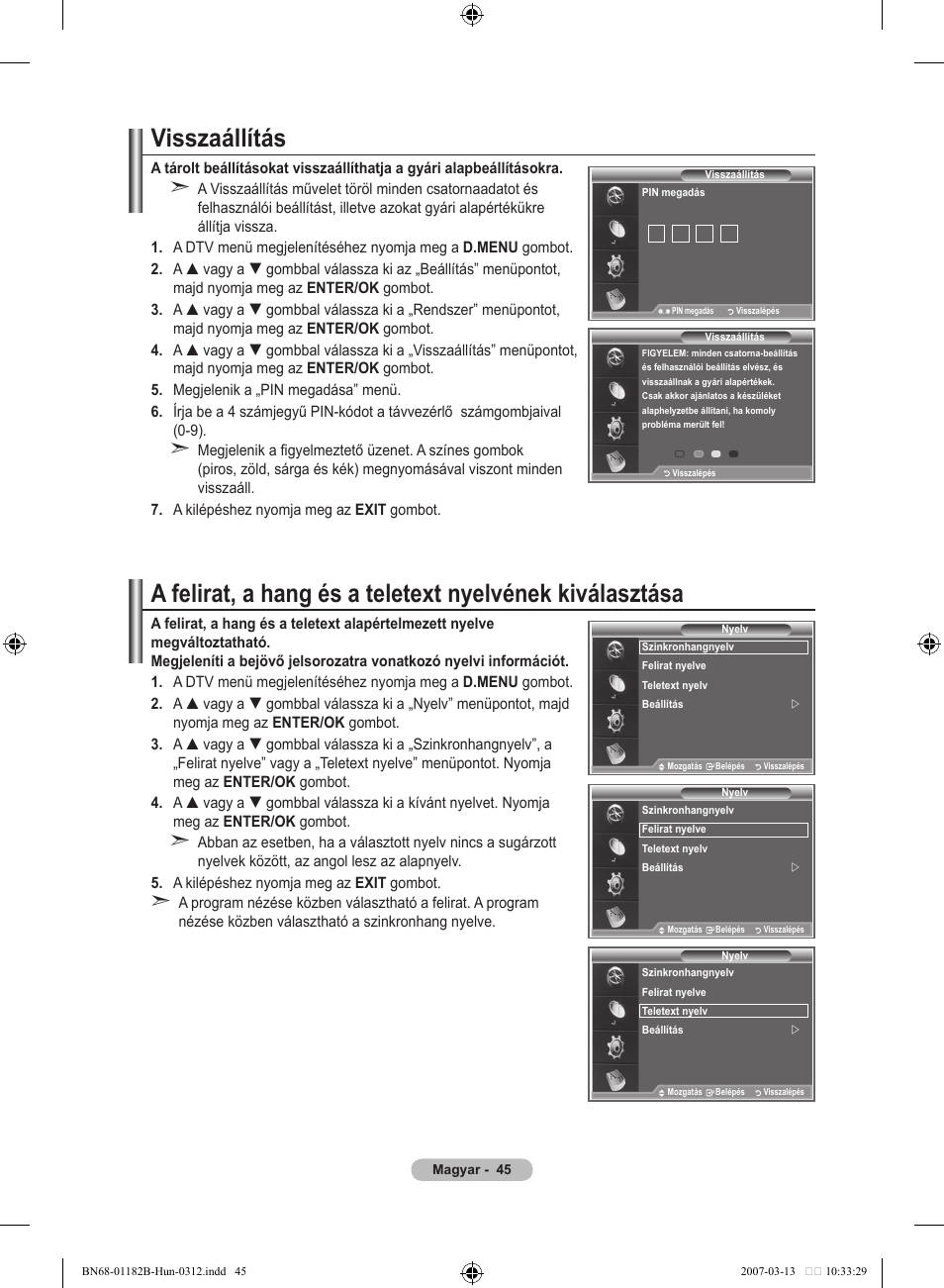 Visszaállítás | Samsung LE37S86BD User Manual | Page 105 / 524