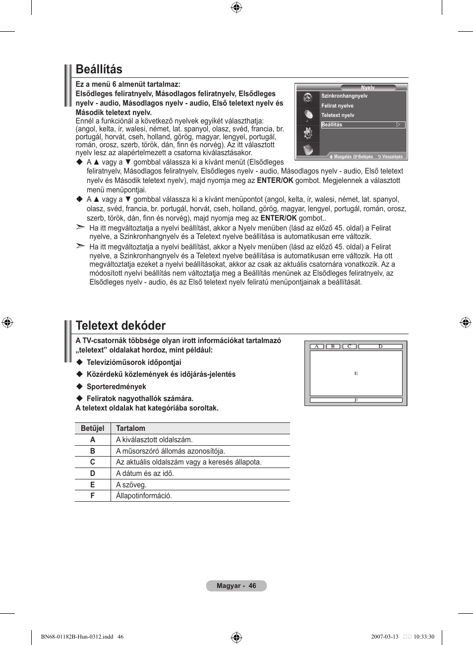 Beállítás, Teletext dekóder | Samsung LE37S86BD User Manual | Page 106 / 524
