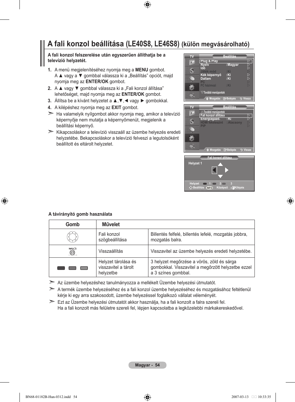 A fali konzol beállítása (le0s, les), Külön megvásárolható), Gomb művelet | Samsung LE37S86BD User Manual | Page 114 / 524
