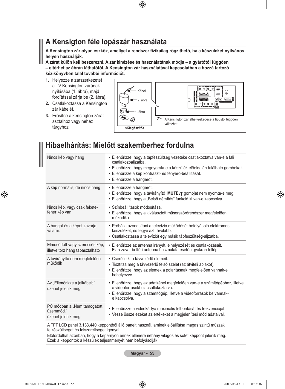 A kensigton féle lopászár használata, Hibaelhárítás: mielőtt szakemberhez fordulna | Samsung LE37S86BD User Manual | Page 115 / 524