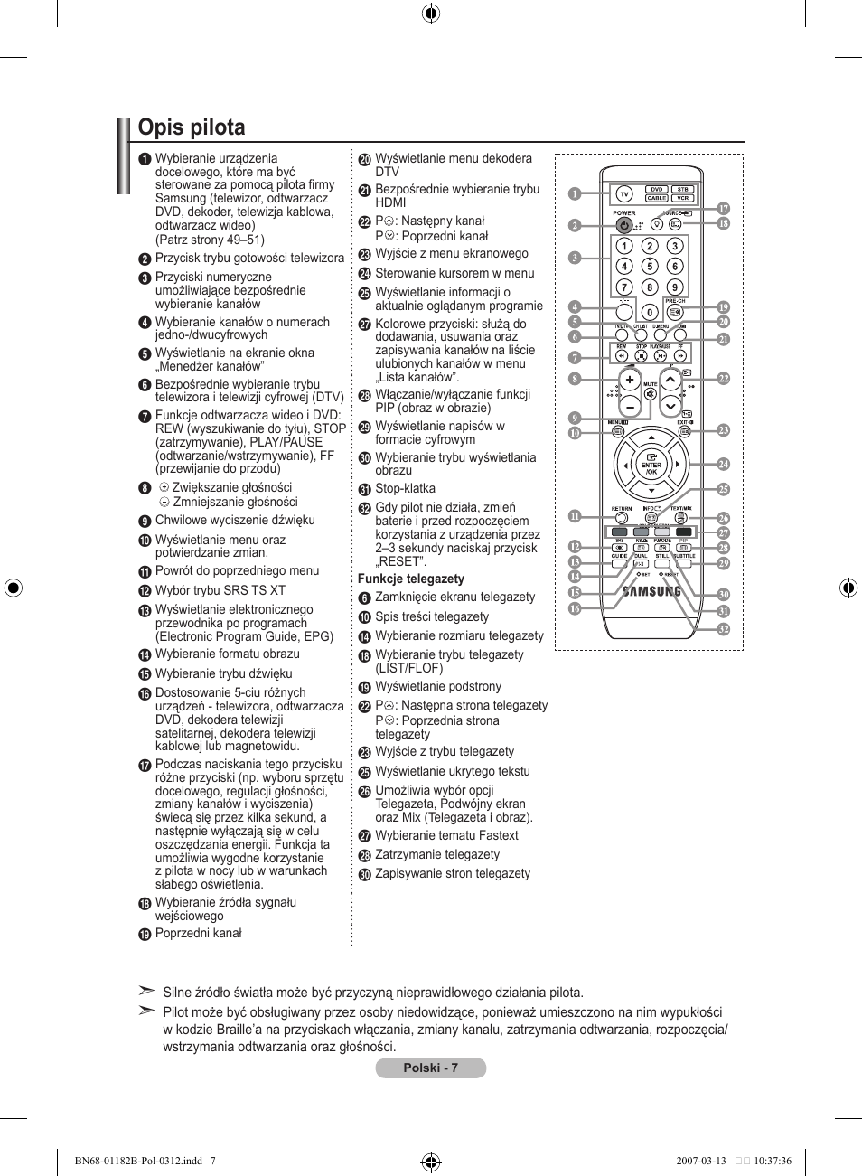 Opis pilota | Samsung LE37S86BD User Manual | Page 125 / 524