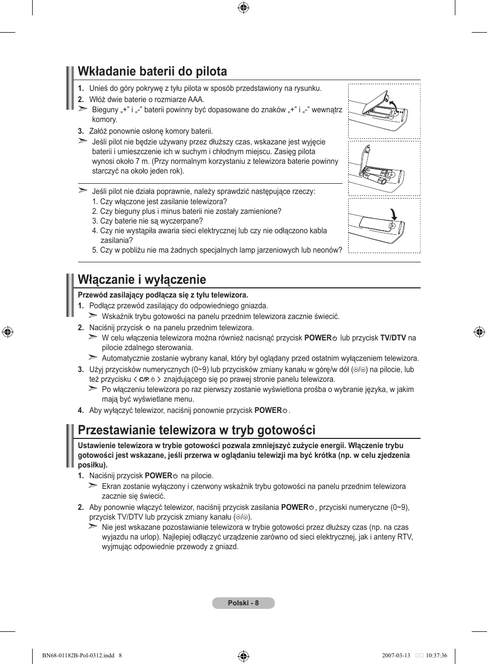 Wkładanie baterii do pilota, Włączanie i wyłączenie, Przestawianie telewizora w tryb gotowości | Samsung LE37S86BD User Manual | Page 126 / 524