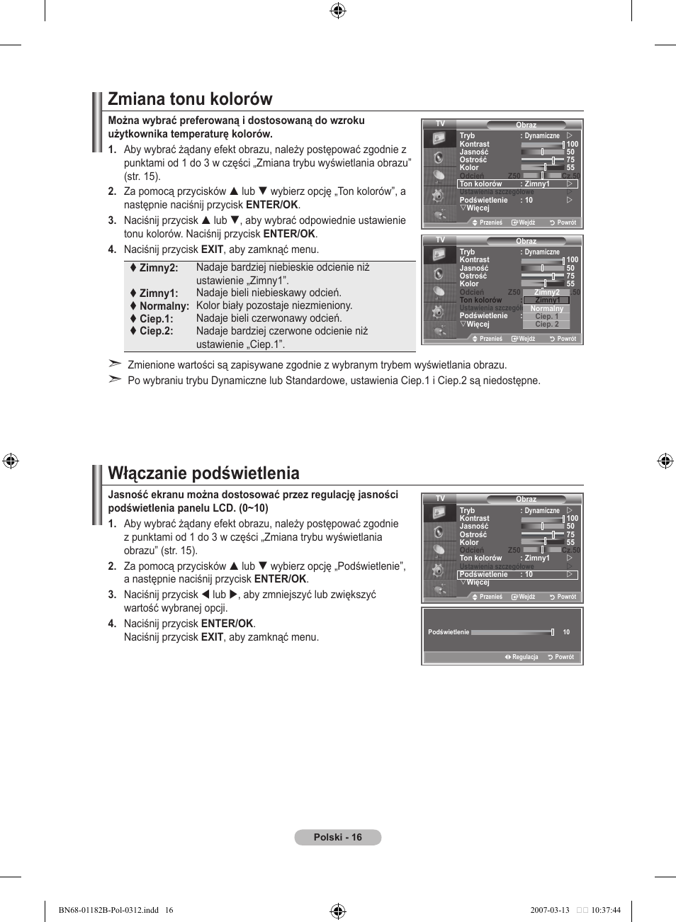 Zmiana tonu kolorów, Włączanie podświetlenia | Samsung LE37S86BD User Manual | Page 134 / 524