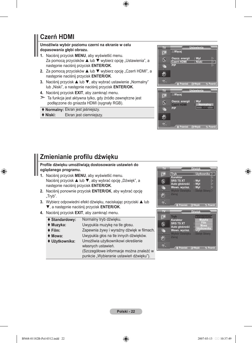 Czerń hdmi, Zmienianie profilu dźwięku | Samsung LE37S86BD User Manual | Page 140 / 524