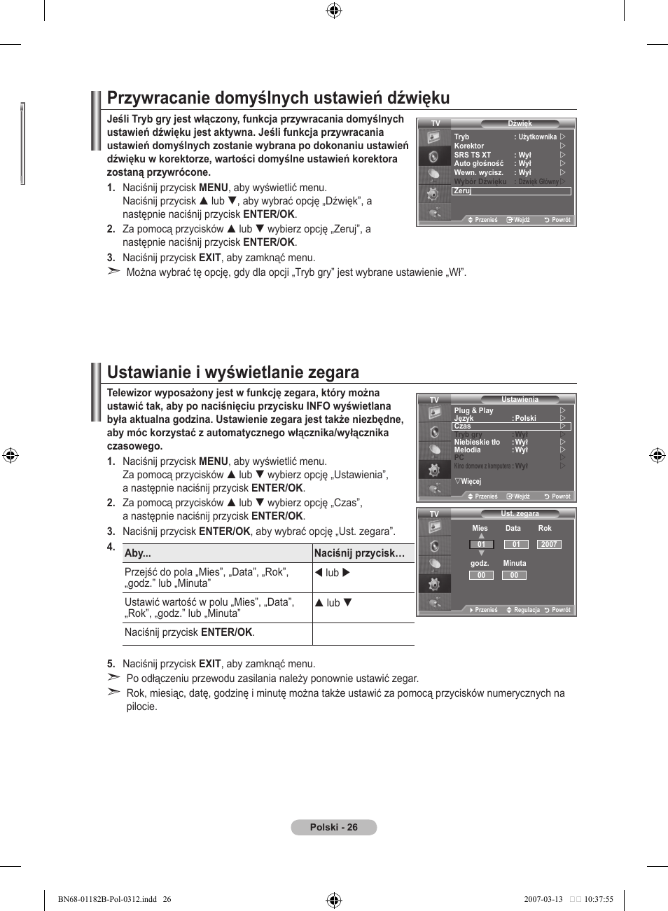 Przywracanie domyślnych ustawień dźwięku, Ustawianie i wyświetlanie zegara | Samsung LE37S86BD User Manual | Page 144 / 524