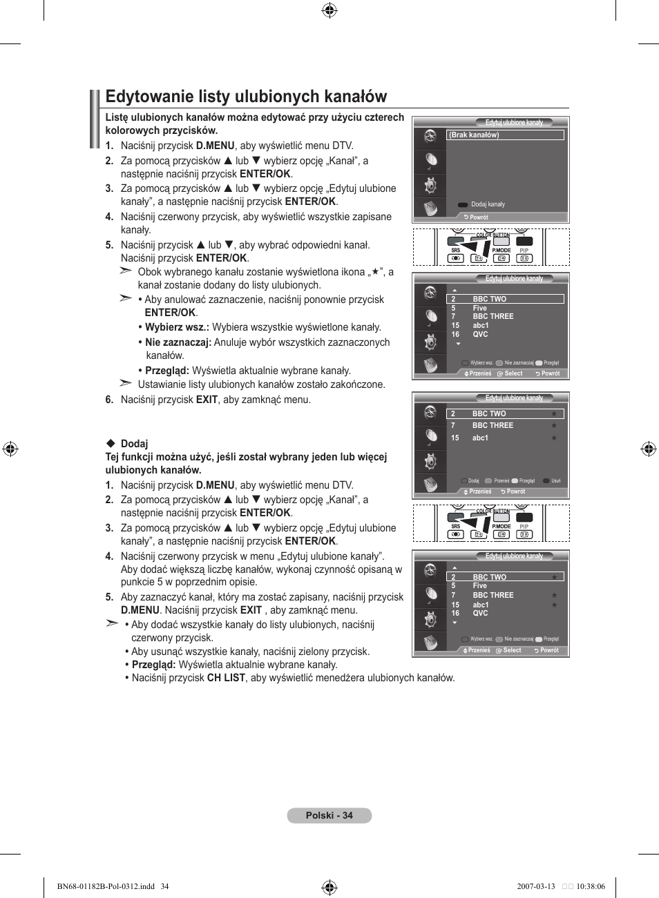 Edytowanie listy ulubionych kanałów | Samsung LE37S86BD User Manual | Page 152 / 524