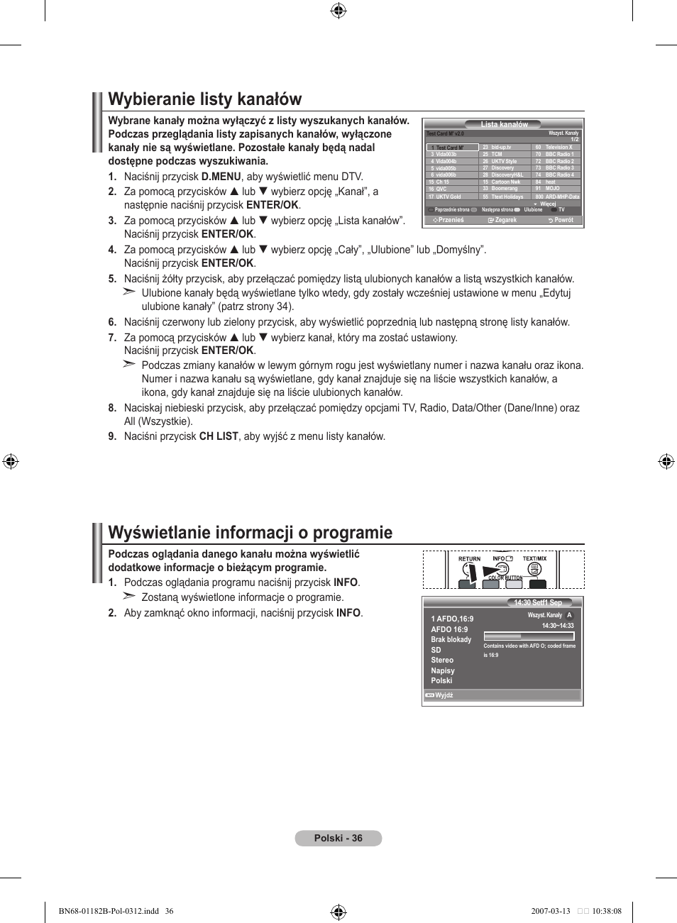 Wybieranie listy kanałów, Wyświetlanie informacji o programie | Samsung LE37S86BD User Manual | Page 154 / 524