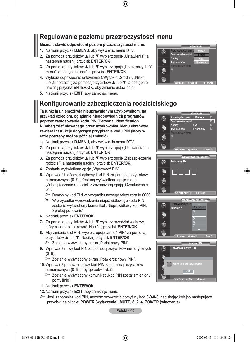 Regulowanie poziomu przezroczystości menu, Konfigurowanie zabezpieczenia rodzicielskiego | Samsung LE37S86BD User Manual | Page 158 / 524