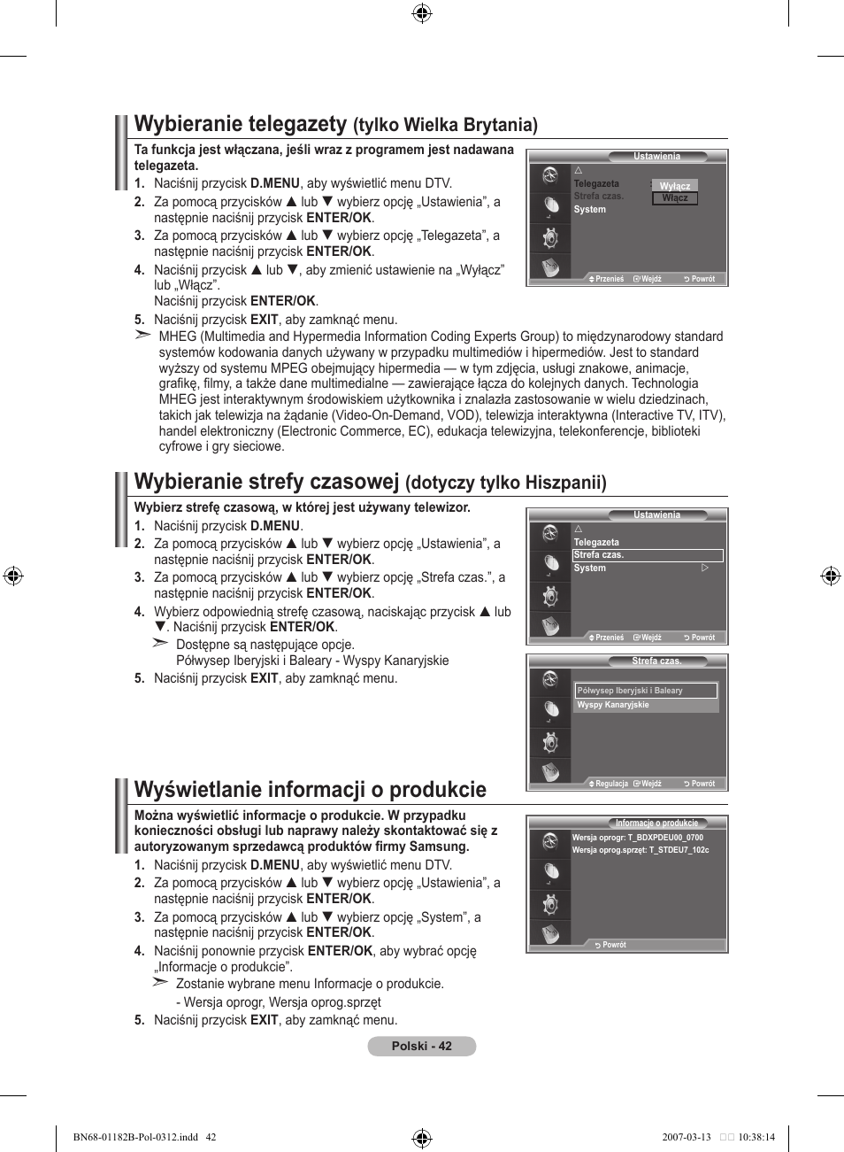 Wybieranie telegazety, Wybieranie strefy czasowej, Wyświetlanie informacji o produkcie | Tylko wielka brytania), Dotyczy tylko hiszpanii) | Samsung LE37S86BD User Manual | Page 160 / 524
