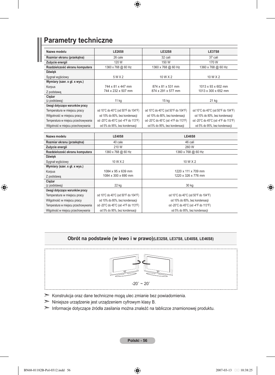 Parametry techniczne, Obrót na podstawie (w lewo i w prawo) | Samsung LE37S86BD User Manual | Page 174 / 524