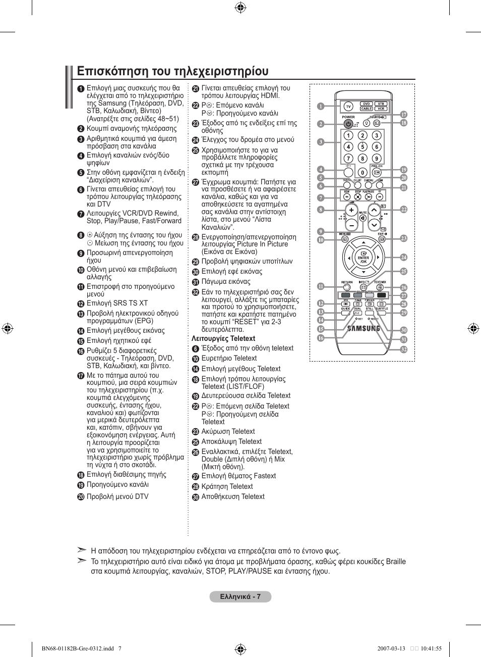 Επισκόπηση του τηλεχειριστηρίου | Samsung LE37S86BD User Manual | Page 183 / 524